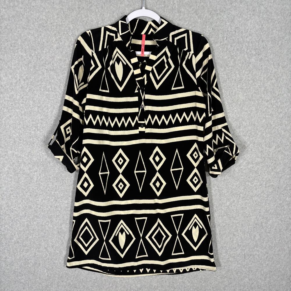 Si Style Dress Medium Black Cream Satin Southwestern‎ Boho Resort Cruise Blouse